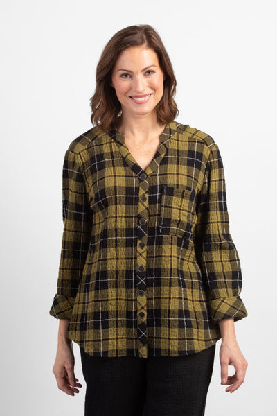 Habitat Modern plaid shirt in guacamole. Green and black plaid print, button down front, soft v-neck, long sleeves and relaxed fit. chest patch pocket. Cotton blend.