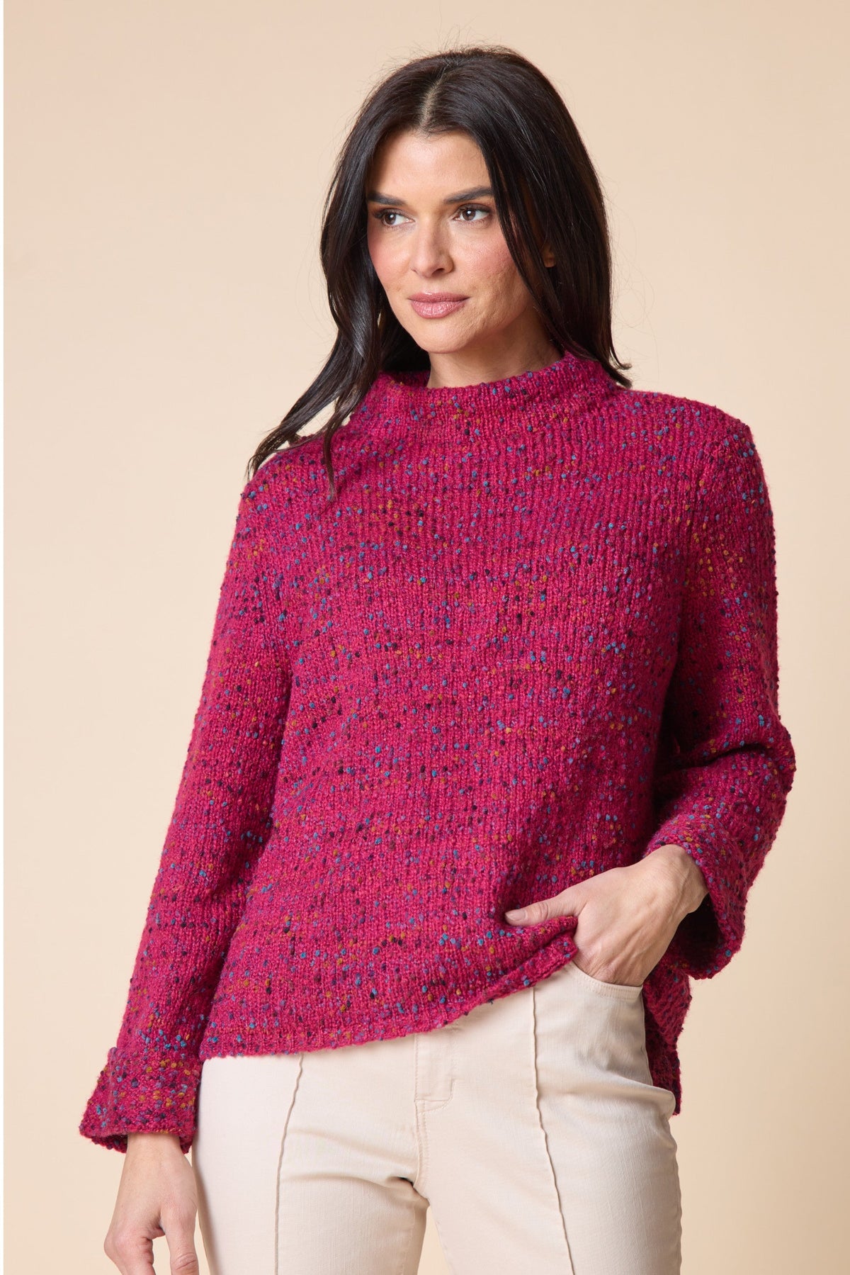  Habitat's Confetti Funnel Neck Sweater in Wineberry