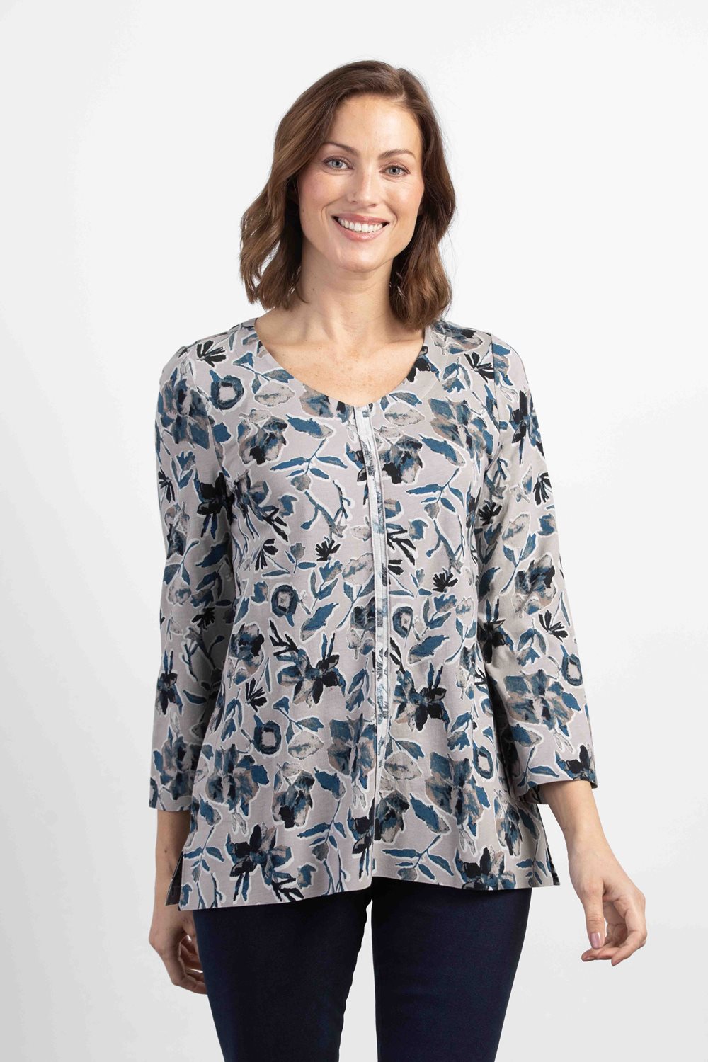 Habitat Cotton Jersey Mirage Top.  Gray with blue and purple floral pattern, seam details, long sleeves and round neckline. Tunic length.