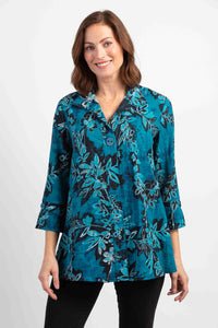 Habitat Fall Blossom Swing Shirt in Baltic Blue. Blue floral pattern, oversized accent button on front placket, cropped sleeves, tunic length with swing silhouette..