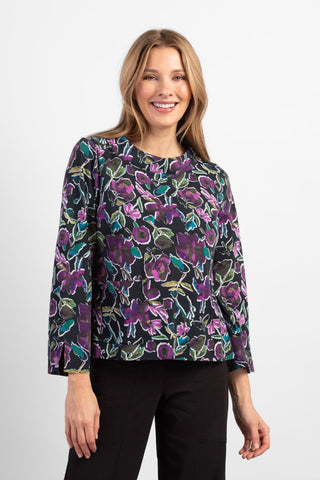 Habitat Iris cotton jersey pullover in black. black background with purple and green floral print. Round neck, long sleeves, relaxed fit.