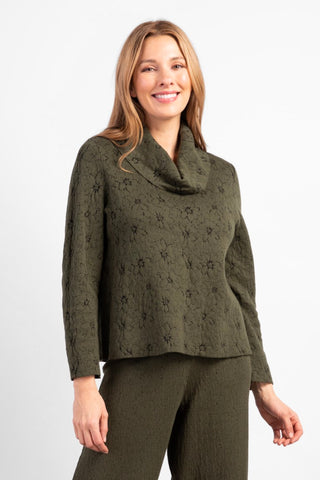 Habitat Jacquard Knit Cowl Top. Cotton blend, textured, cowl neck, long sleeve, boxy fit. Forest green.