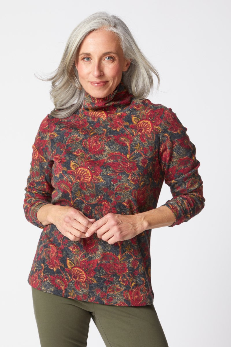 Habitat Paisley Easy Ruched Turtleneck Top in Wine