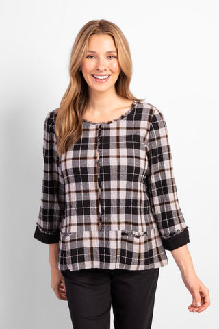 Habitat Perfect Plaid Pullover in Putty. Black and off-white plaid pattern with raw seam details, cuffed sleeves, front pockets and round neckline.
