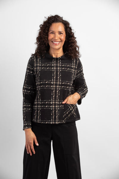 Habitat Speckle Knit Pullover in black plaid pattern, round neck, long sleeve, front patch pocket at hip.