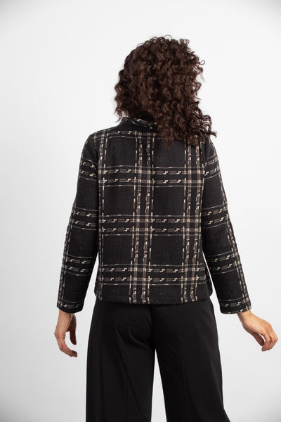Habitat Speckle Knit Pullover in black plaid pattern, round neck, long sleeve, front patch pocket at hip.