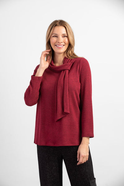 Habitat Super Soft Fleece Tie Neck Pullover in Cranberry red. Long sleeves, relaxed fit, tie neck.