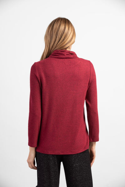 Habitat Super Soft Fleece Tie Neck Pullover in Cranberry red. Long sleeves, relaxed fit, tie neck.