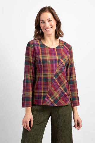 Habitat Windowpane Jacquard Pullover in Forest plaid color scheme. greens, golds, reds and purples.  Contrasting panels along front. Long sleeves, rounded neckline, a-line silhouette.