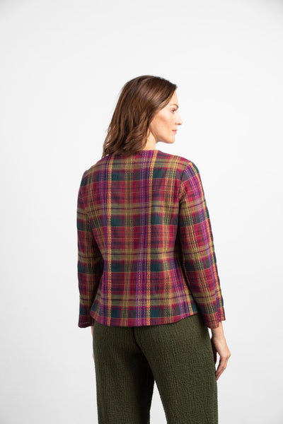 Habitat Windowpane Jacquard Pullover in Forest plaid color scheme. greens, golds, reds and purples. Contrasting panels along front. Long sleeves, rounded neckline, a-line silhouette.