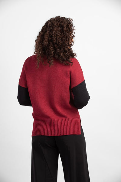 Habitat Yin Yang Colorblock Sweater in Cranberry. Red and Black, long sleeves, round neck, ribbed details at hem and cuffs.