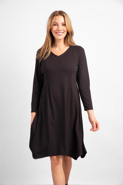 Habitat Core Travel Perfect Dress. Knee Length, Long Sleeve, A-Line with Seam Details.  Black Jersey Fabric.