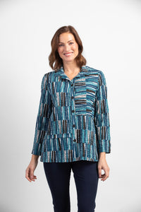 Habitat Lap Lines Shirt. Pucker weave fabric, button down front, modern blue pattern of contrasting color strokes.