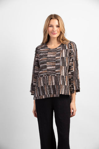 Habitat Pucker Weave Pullover with cropped sleeves, stepped hem, contrasting geometric pattern panels thorughout on textured pucker weave fabric.