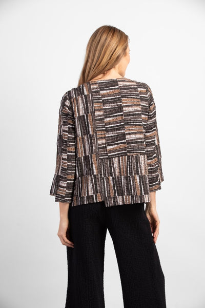 Habitat Pucker Weave Pullover with cropped sleeves, stepped hem, contrasting geometric pattern panels thorughout on textured pucker weave fabric.