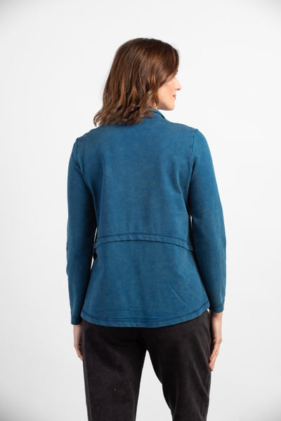 Habitat Riverwash Cotton Terry Zip-up Chill Jacket. Long sleeve, mock collar, rounded hem. Baltic blue