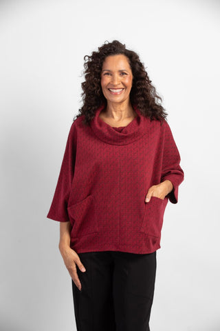 Habitat Wrap n Warmth Poncho Top in cranberry red.  Cowl neck, dolman sleeves, front patch pockets.