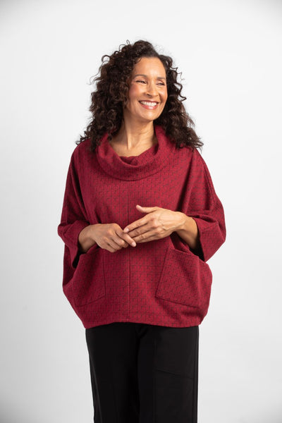 Habitat Wrap n Warmth Poncho Top in cranberry red. Cowl neck, dolman sleeves, front patch pockets.