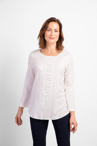 Habitat cotton long sleeved tee with round neckline and ruched panel detail down front. Rounded hemline. White
