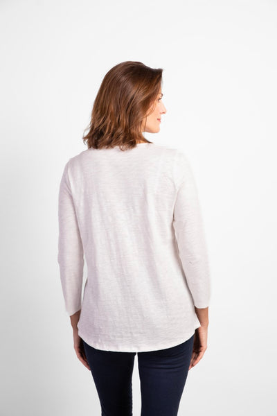 Habitat cotton long sleeved tee with round neckline and ruched panel detail down front. Rounded hemline.