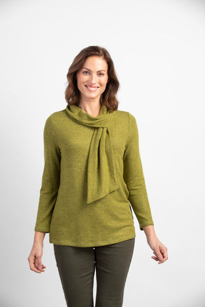 Habitat Super Soft Fleece Tie Neck Pullover in moss green. Long sleeves, relaxed fit, tie neck.