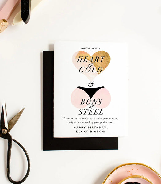 Heart of Gold & Buns of Steel Birthday Card
