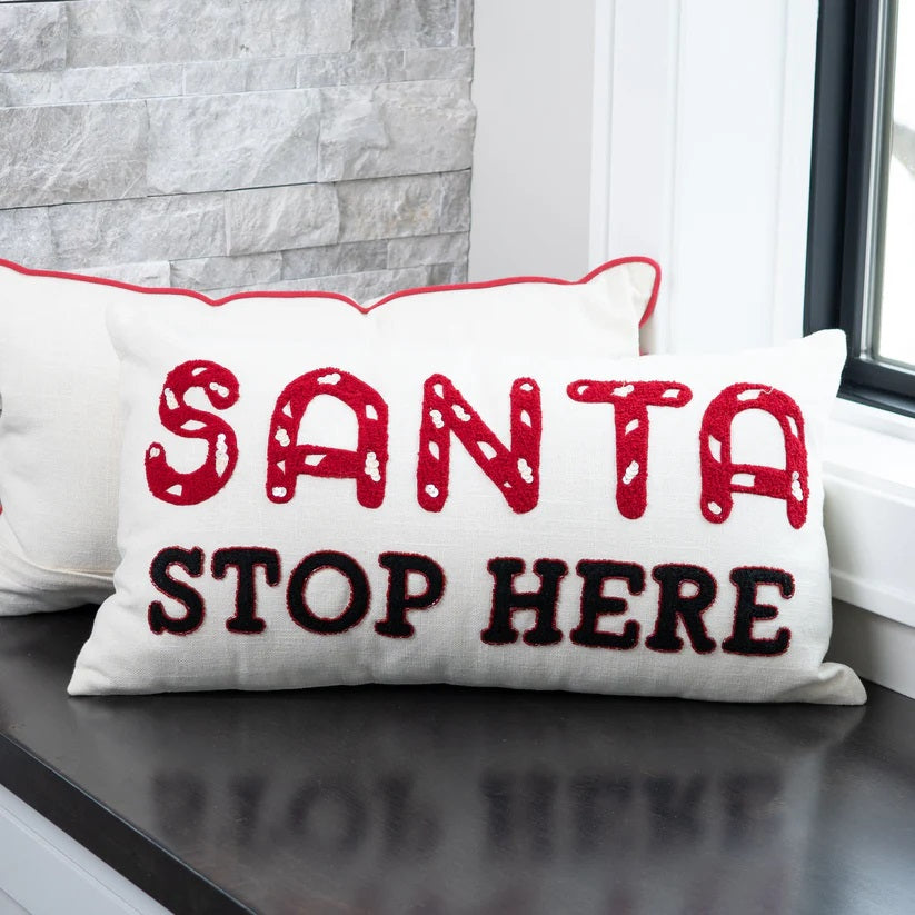 Santa Stop Here Embroidered Lumbar Pillow
