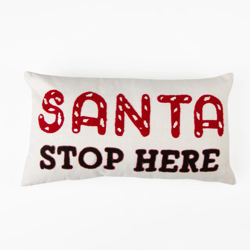 Santa Stop Here Embroidered Lumbar Pillow
