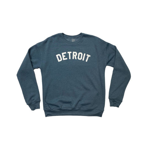 Ink Detroit Crewneck Sweatshirt in Indigo Blue with "Detroit" printed in white ink across chest.