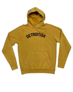 Ink Detroit Mustard Mineral Wash Hoodie with black "Detroitish" printed across chest