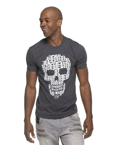 Ink Detroit Skull Tee.  A grey t-shirt has a skull composed of white old english Ds centered on the front.