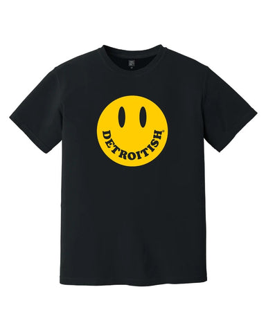 Ink Detroit Black T-shirt with yellow smiley face with "Detroitish" printed in place of mouth.