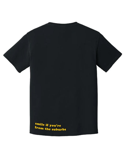 Ink Detroit Black T-shirt with yellow text printed on bottom of the back saying "smile if you're from the suburbs"