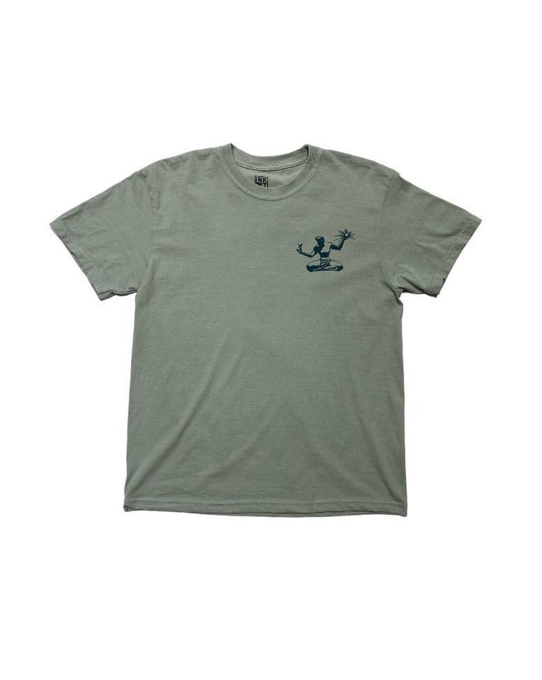 Ink Detroit Catch the Spirit of Detroit Tee in Bay Green. Spirit of Detroit statue printed on chest in blue.