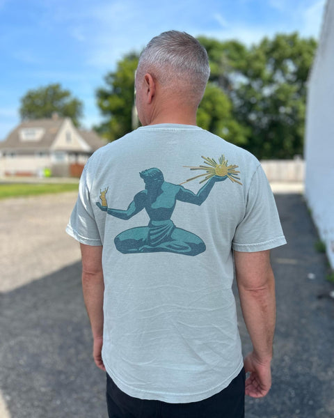 Ink Detroit Catch the Spirit of Detroit Tee in Bay Green. Spirit of Detroit statue printed on chest in blue.