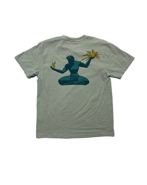 Ink Detroit Catch the Spirit of Detroit Tee in Bay Green. Spirit of Detroit statue printed on chest in blue. Large full color Spirit of Detroit Statue printed on back