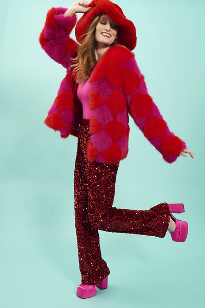 Jayley Delilah Diamond Faux Fur Jacket in Magenta & Red