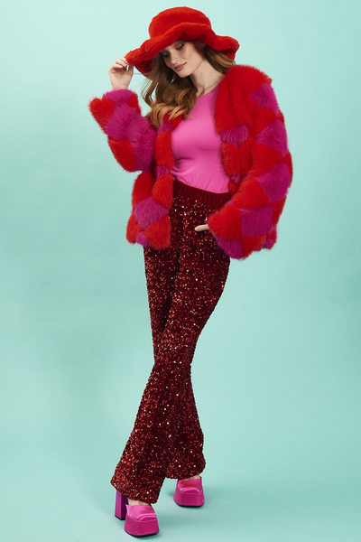 Jayley Delilah Diamond Faux Fur Jacket in Magenta & Red