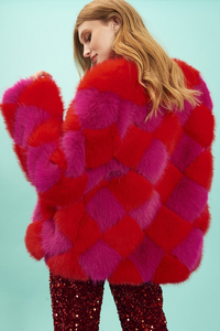 Jayley Delilah Diamond Faux Fur Jacket in Magenta & Red