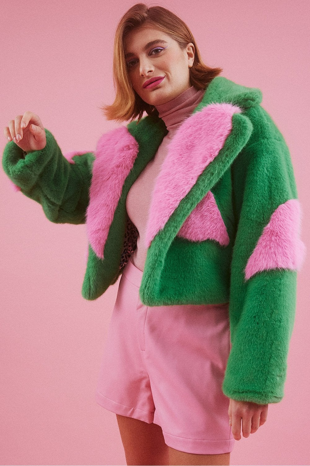 Jayley Handmade Love Heart Bamboo Fur Jacket in Green with Pink Hearts