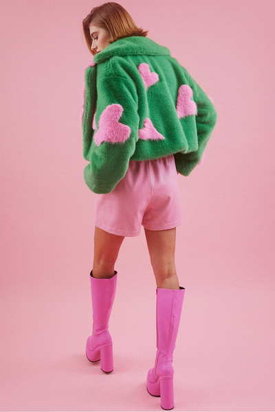 Jayley Handmade Love Heart Bamboo Fur Jacket in Green with Pink Hearts