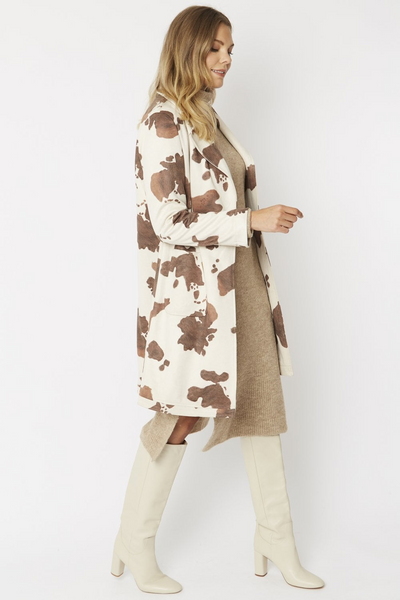 Jayley Cow Print Faux Suede Animal Print Coat