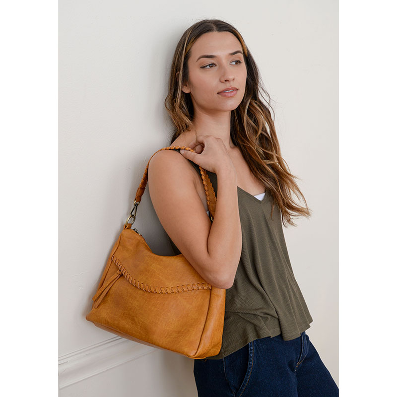 Cassidy Whipstitch Convertible Hobo Bag in Whiskey