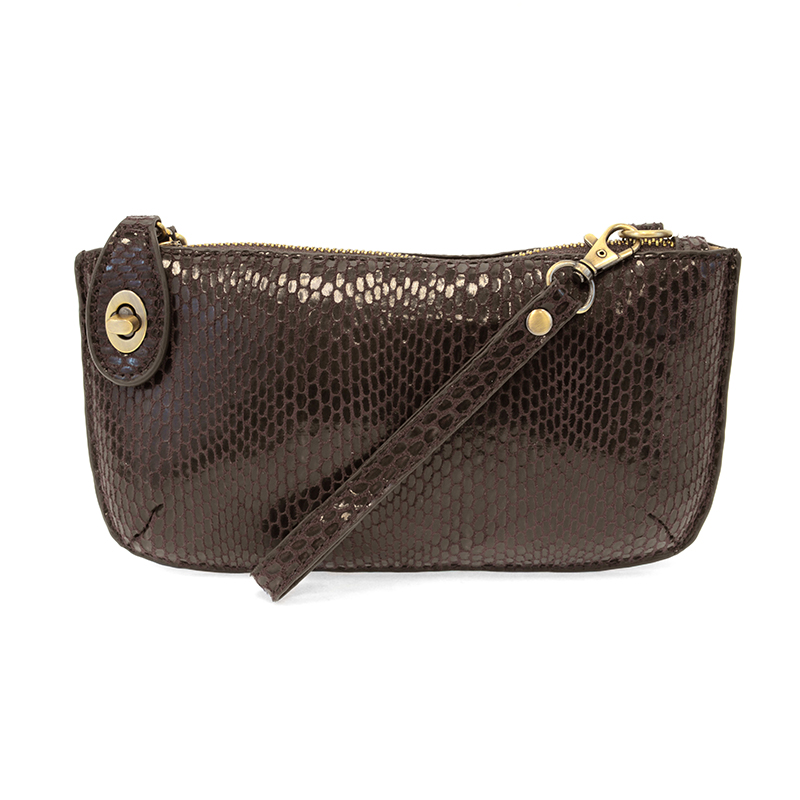 Joy Susan Shiny Python Mini Crossbody Wristlet Clutch in Chocolate