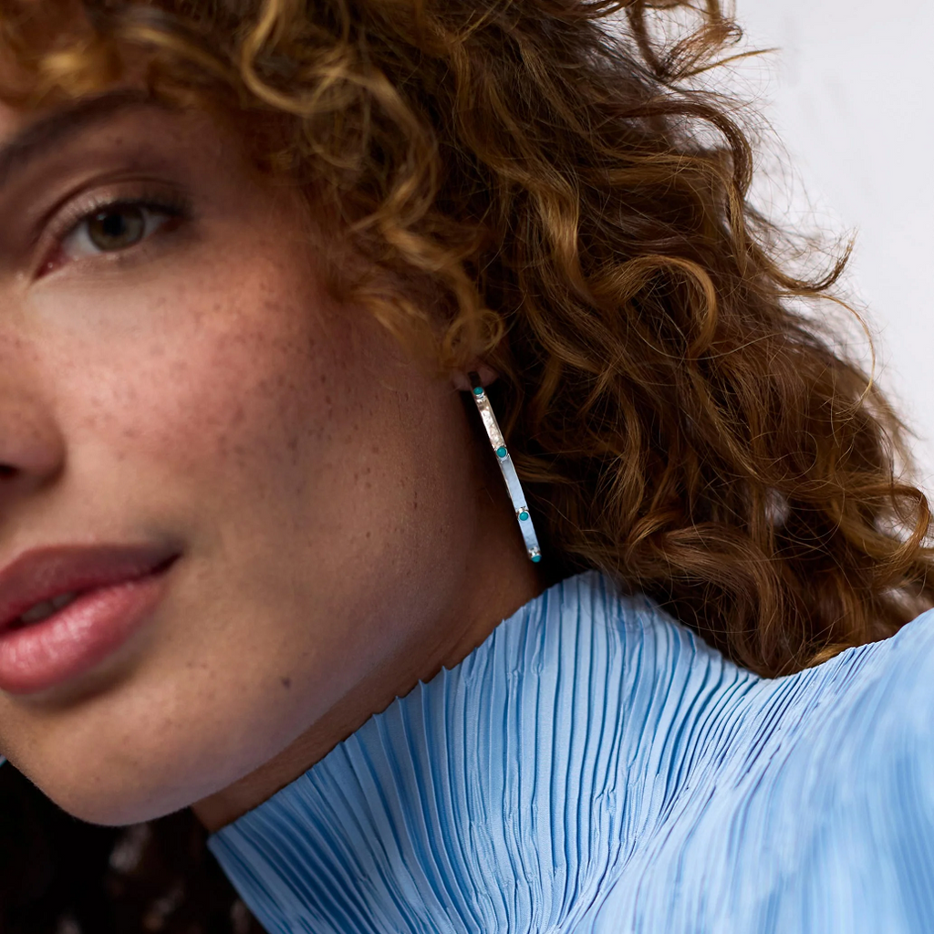 Crescent Stone Large Silver Hoop Earrings