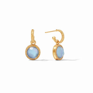 Fleur-de-Lis Hoop & Charm Earrings with Iridescent Chalcedony Blue Stones