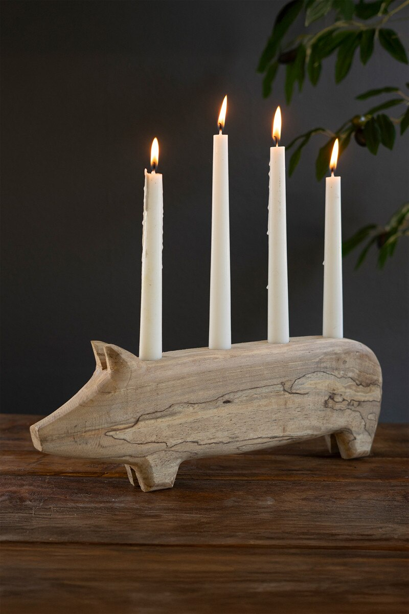 Hand Carved Wooden Pig Candelabra
