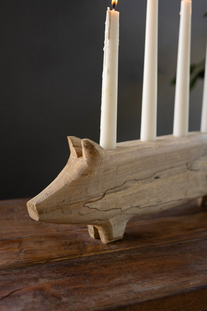 Hand Carved Wooden Pig Candelabra
