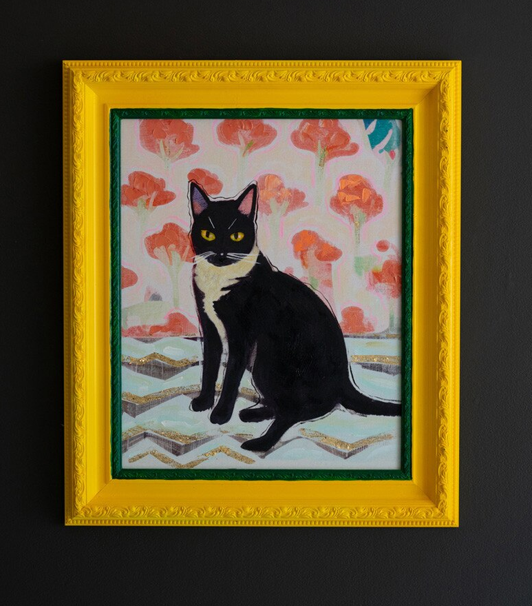 Yellow & Green Framed Cat Painting