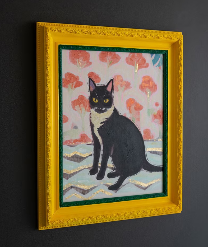 Yellow & Green Framed Cat Painting